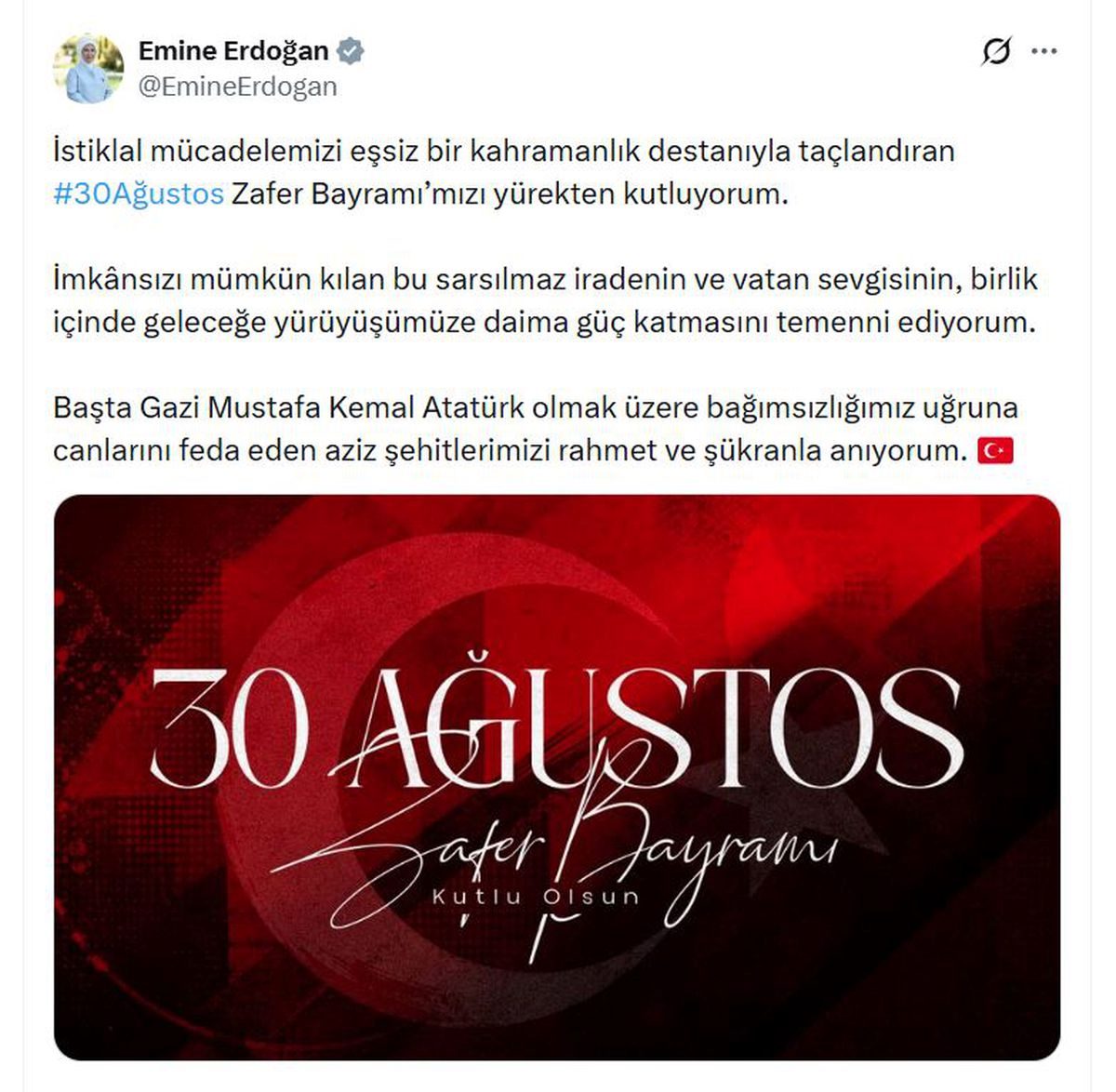Emine Erdoğan'dan 30 Ağustos Zafer Bayramı Mesajı