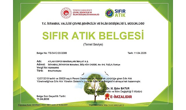 Atlas Copco Türkiye, Sürdürülebilirlik Vizyonunu Sıfır Atık Belgesi ile Güçlendirdi