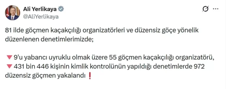 81 ilde 972 düzensiz göçmen yakalandı