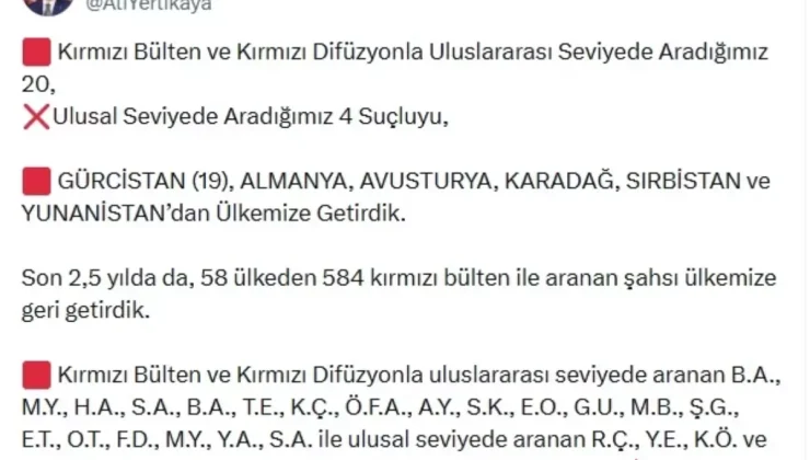 İçişleri Bakanı Yerlikaya: 24 suçlu Türkiye’ye getirildi
