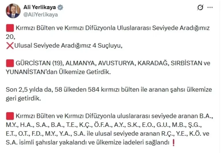 İçişleri Bakanı Yerlikaya: 24 suçlu Türkiye’ye getirildi