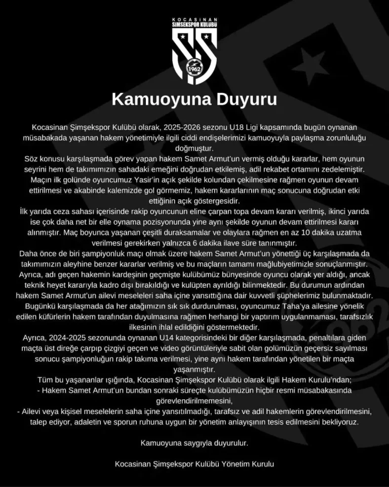 Kocasinan Şimşekspor’dan sert açıklama: “Bu hakemi maçlarımıza istemiyoruz”