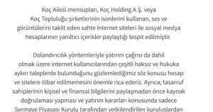 Koç Holding’ten Dolandırıcık Uyarısı