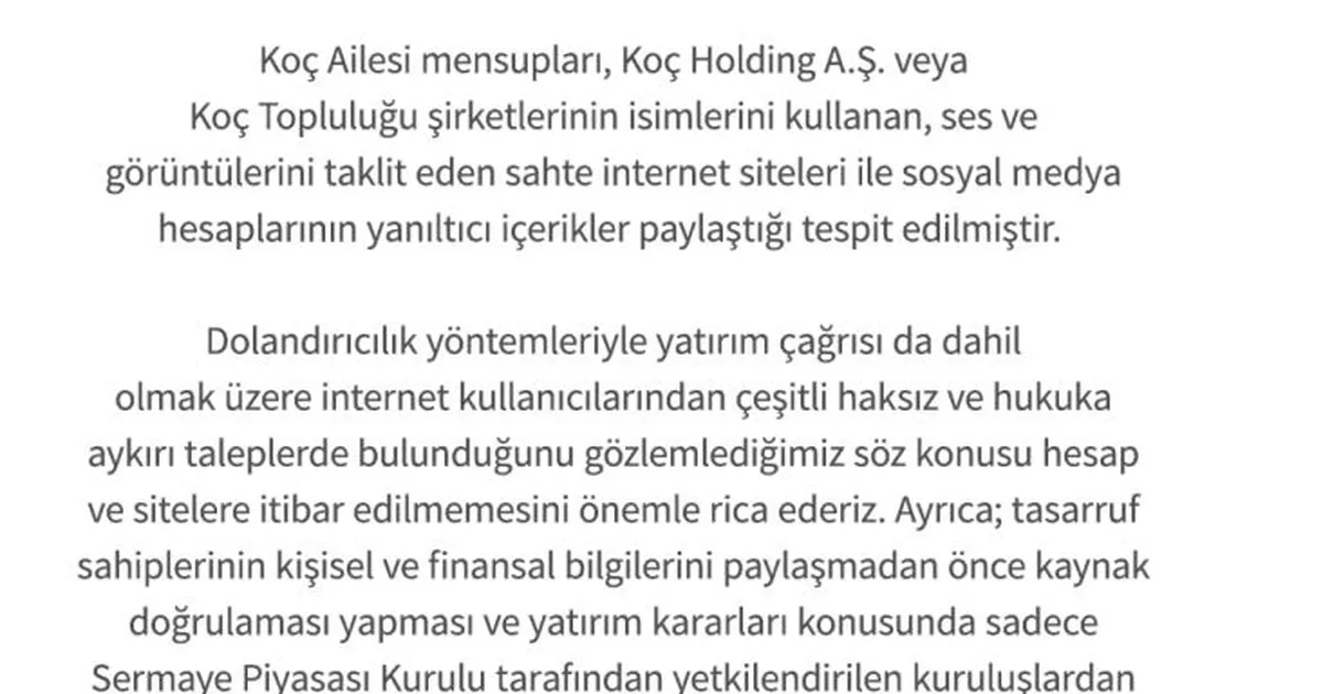 Koç Holding’ten Dolandırıcık Uyarısı